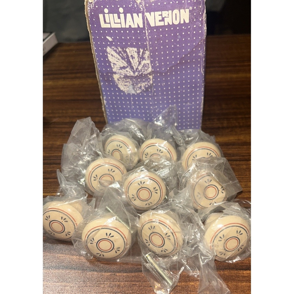 Lillian Vernon Porcelain Knobs Drawer Pulls Cream w/ Red & Blue Set 10